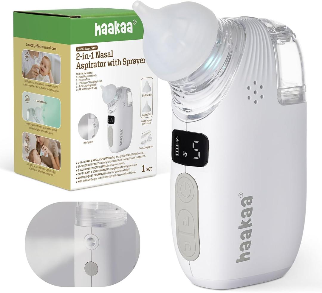 Haakaa Nasal Aspirator for Baby, 2-in-1 Electric Baby Nasal Aspirator with Sprayer  Baby Nose Sucker, Nose Sucker for Baby  5 Adjustable Suction Levels up to 65kPa, Quiet, Music & Lights