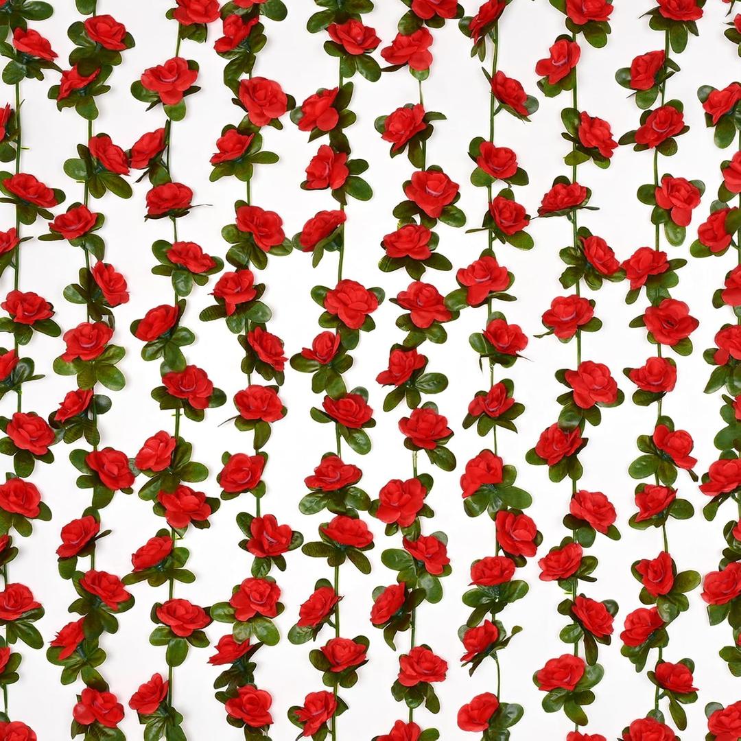 BLEUM CADE 5Pcs 41Ft Flower Garland Artificial Rose Vines for Bedroom, Cute Fake Hanging Flower Vines Floral Garland Decorations for Wedding Party Wall Room Decor Aesthetic (Red)