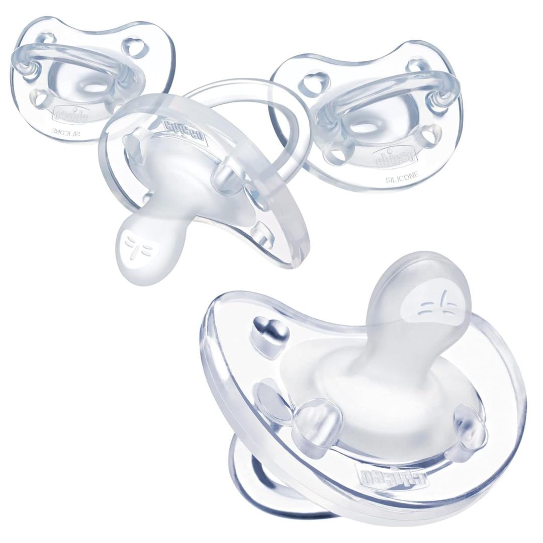 Chicco PhysioForma 100% Soft Silicone One Piece Pacifier for Babies Aged 0-6 Months | BPA & Latex Free | Reusable Sterilizing Case | Clear, 4pk (Clear Four Pack)