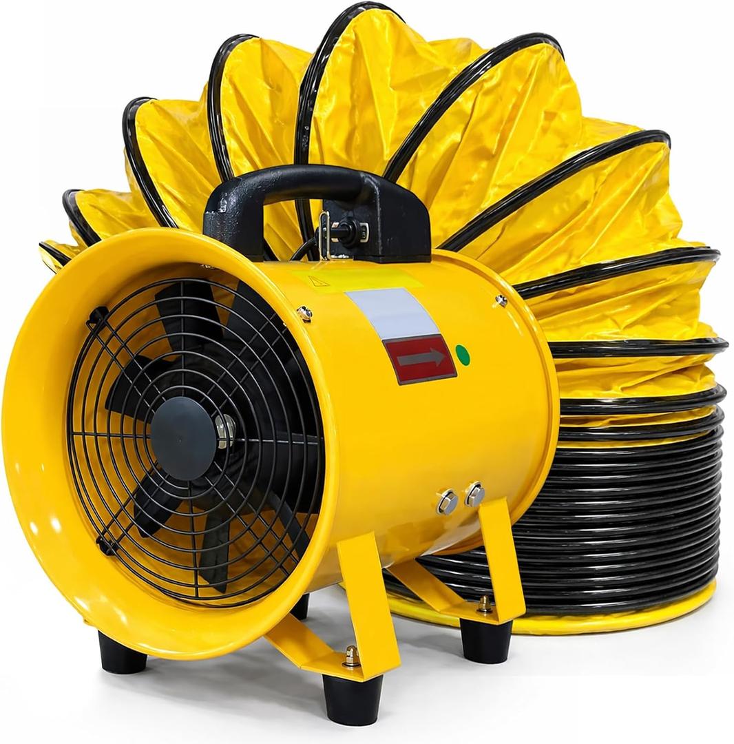 12 Inch High-Veelocity Portable Utlity Blower Fan 16-Foot Vinyl Hose | 2645CFM Heavy Duty Cylinder Axial Fan | Exhaust Fan Ventilator for Basements,Workshops,Warehouse|ETL‑listed