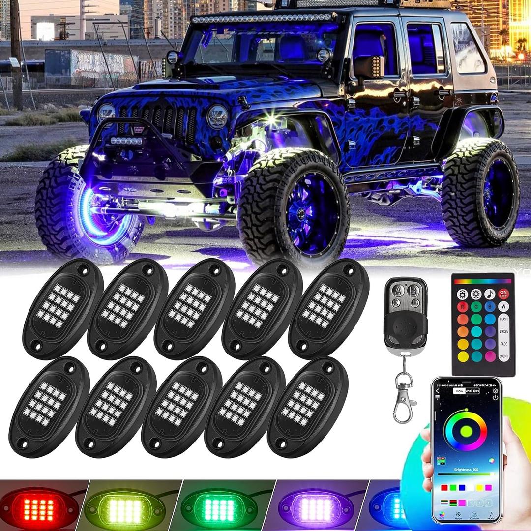 10 Pods RGB LED Rock Lights for Truck ATV UTV Golf Cart Offroad RZR Pickup SUV, Waterproof Multicolor Underglow Kit for Cars with APP Music Mode, Vehicle Underbody Light Underneath Accent 12V