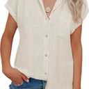 siliteelon Linen Shirts for Women Button Down Shirts Short Sleeve Cotton Collared V Neck Solid Casual Blouses with Pocket (Beige, L)