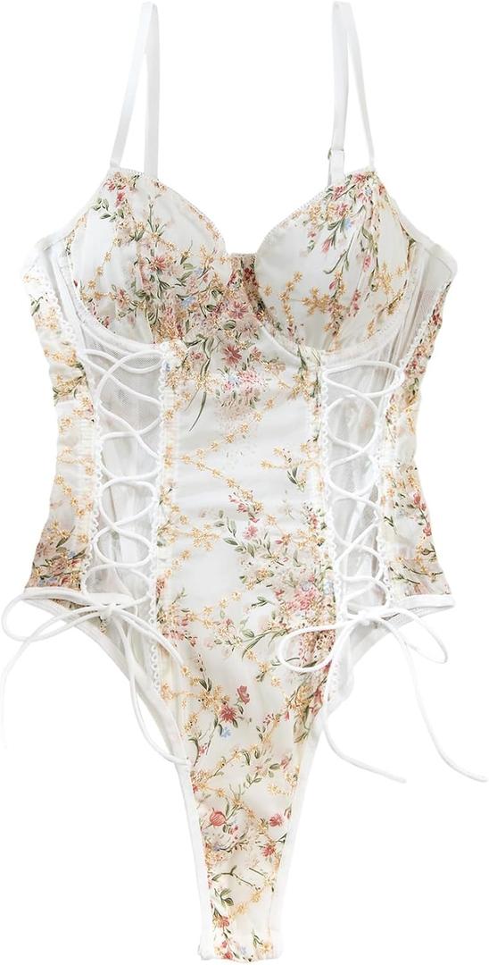 Lilosy Women Sexy Lace Up Floral Embroidered Teddy Lingerie Bodysuit Top Mesh Sheer One Piece (Small, Crushed Flower White)