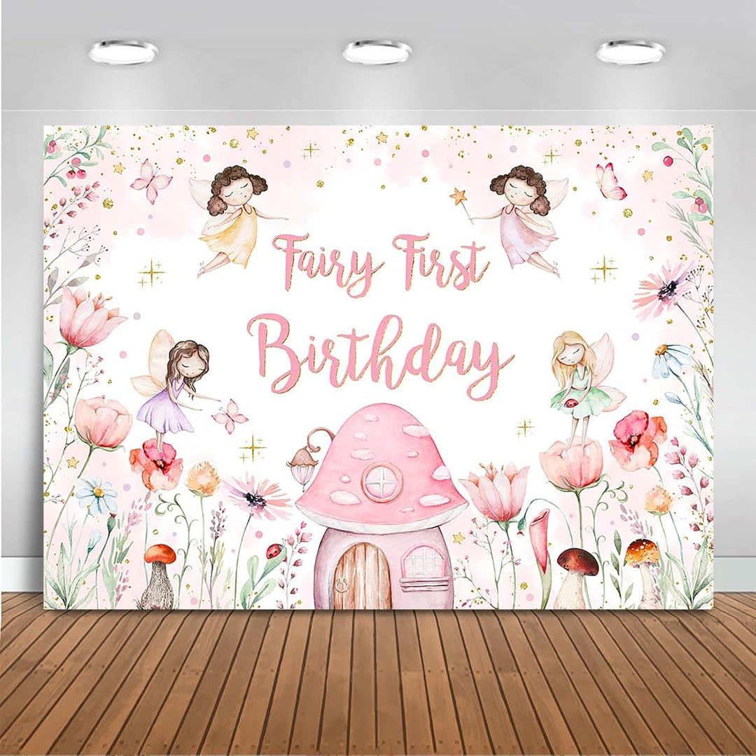 Mocsicka Fairy First Birthday Backdrop for Girl Pink Flowers Our Little Fairy is Turning One Photography Background Spring Magical Princess Fairy Birthday Party Decorations (Pink, 7x5ft(82''x60''))