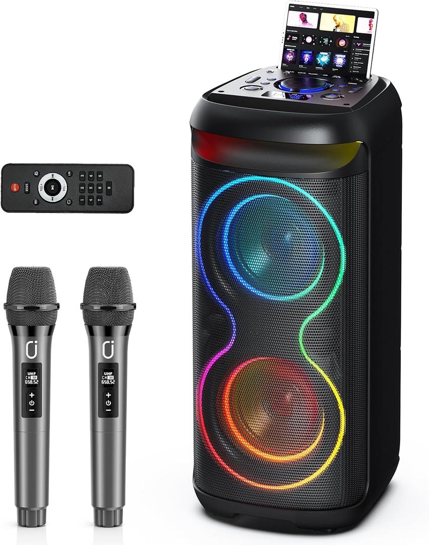 Karaoke Machine with 2 Wireless Microphones for Adults, Big Bluetooth Party Speaker with LED Disco Light, Support TWS/USB/AUX/TF Card Input, Perfect for Outdoor, Home, Stage Subwoofers