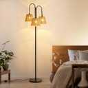 Rattan Floor Lamp, 68in. Boho Floor Lamps with Natural Shade, 3-Light Tree Lamp for Coastal, Beach or Bohemian Style Decor, E26 Socket, On/Off Footswitch Lamp for Living room, Bedroom (Bohemian-Black)