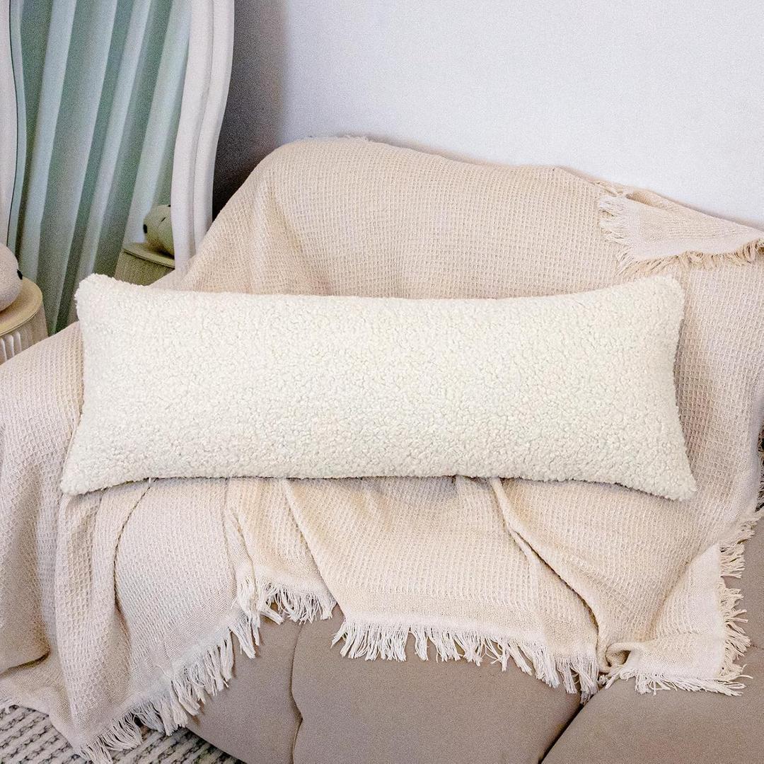 Faux Fur Wool Lumbar Pillow Cover 14 x 36 inch, Sherpa Long Pillow Cover Beige Luxurious Soft Couch Cover Case Home Decor for Sofa Bed Living Room, ONLY 1 Cover