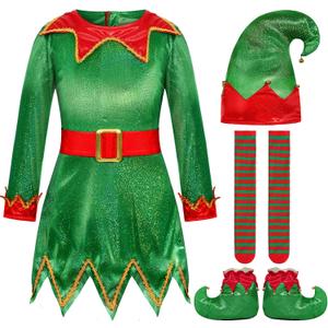 Costumerry Elf Costume for Girls Kids Elf Santa's Dress Christmas Outfit (Green, 3-5T)
