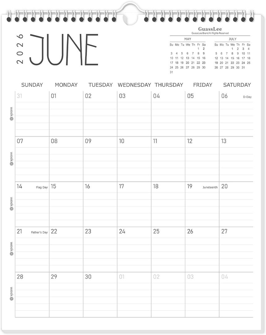 2 x Guasslee Wall Calendar 2026-2027, 14"x11.5" Vertical Wall Calendar 2026, 13-Month Desk/Wall Calendar From 2026 Jun - 2027 Jun, Monthly Hanging Planner Spiral Bound For School Home Office Organizing