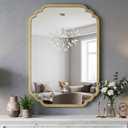 Gold Scalloped Wall Mirror 24"×36" - Modern Minimalist Ornate Rounded Corner Rectangular Decorative Mirror with Metal Frame for Bathroom Vanity, Over Sink, Entryway, Fireplace, Living Room, Hallway