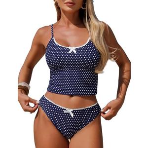 ZAFUL Womens Tankini Swimsuits Tummy Control High Cut Bow Decor Bathing Suits Two Piece Bikini Sets, Medium