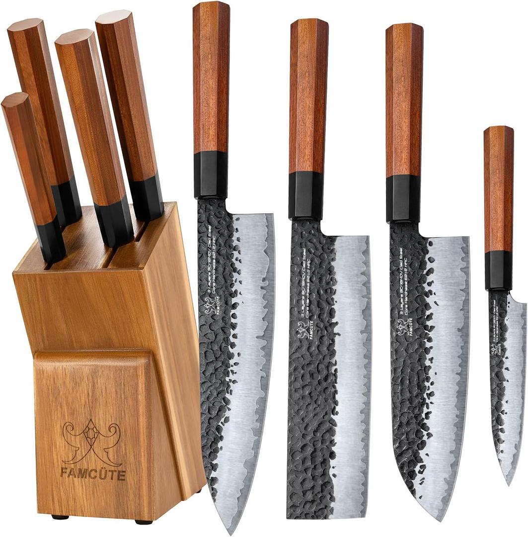 Japanese Knife Block Set, Hand Forged 5-Layer 9CR18MOV Clad Steel Ultra Sharp Kitchen Knives with Wooden Storage & Rosewood Handle, Includes Chef, Santoku, Nakiri, Fruit Knife for Home Mom/Dad