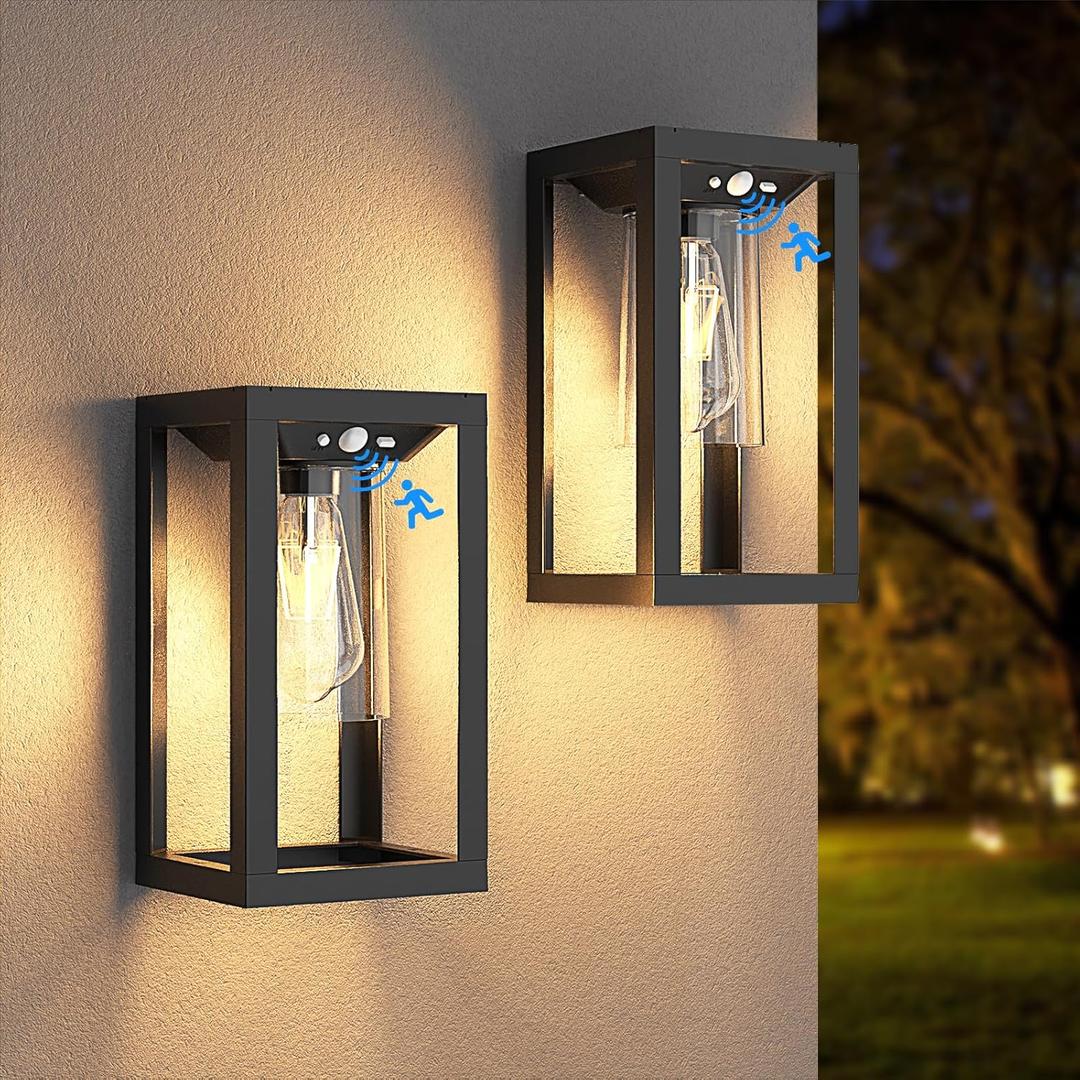 APONUO Solar Outdoor Wall Lights with 3 Lighting Modes, Motion Sensor Waterproof Wall Lanterns, Wireless Dusk to Dawn Solar Sconce Lights for Porch, Garage, Patio, Yard (2 Packs)