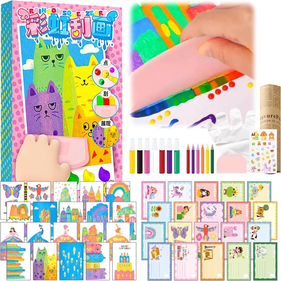 Upgrade Rainbow Magic Scratch Art Set Include 20 Premium Scratch Paper Sheets with 7-Color Tools Stickers, Create Floating Masterpieces & Postcards Creative Gifts for Birthday Valentines Day New Year