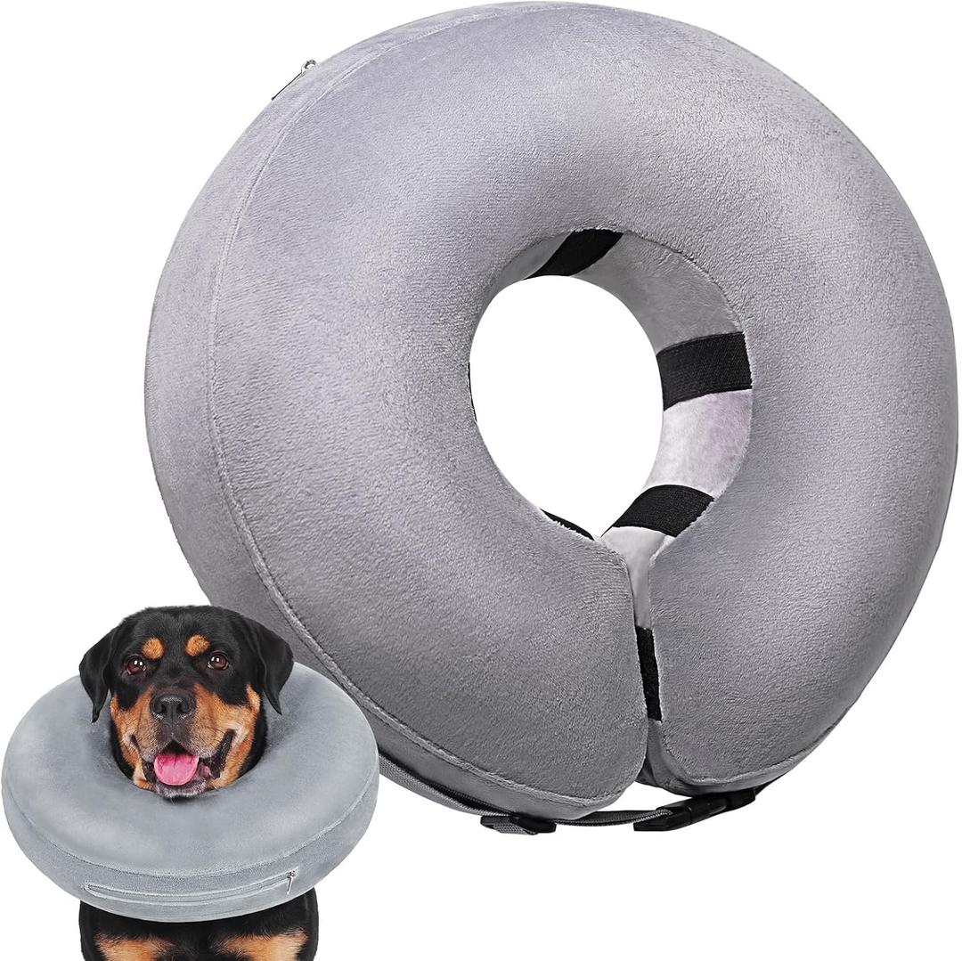 Crazy Felix Dog Donut Pillow Cone Collar Alternative After Surgery Soft Cone to Stop Licking Inflatable Dog Head Collar for Small Medium Dogs Bulldog Pug (Grey)