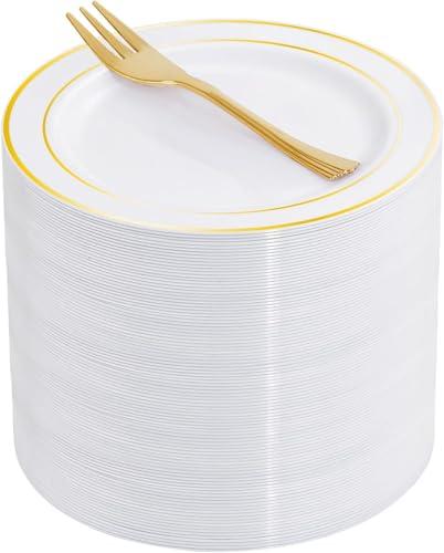 WELLIFE 60 PCS Gold Plastic Dessert Plates and 60 PCS Forks, 6.3 inch Disposable Salad Plates, Premium White Appetizer Plates with Gold Rims, Perfect for Party and Wedding