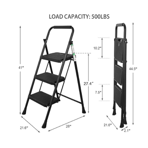 3 Step Ladder, Folding Step Stool with Wide Anti-Slip Pedals, 500lbs Sturdy Steel Ladder with Handrail, Space-Saving, Portable for Home & Adults, Black