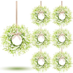 6 Pcs Mini Baby Breath Hanging Wreaths Gypsophila Candle Rings Pillar Holder Wreath Artificial Flower Spring Summer Floral Wreath for Wedding Farmhouse Porch Cabinets Table Decoration