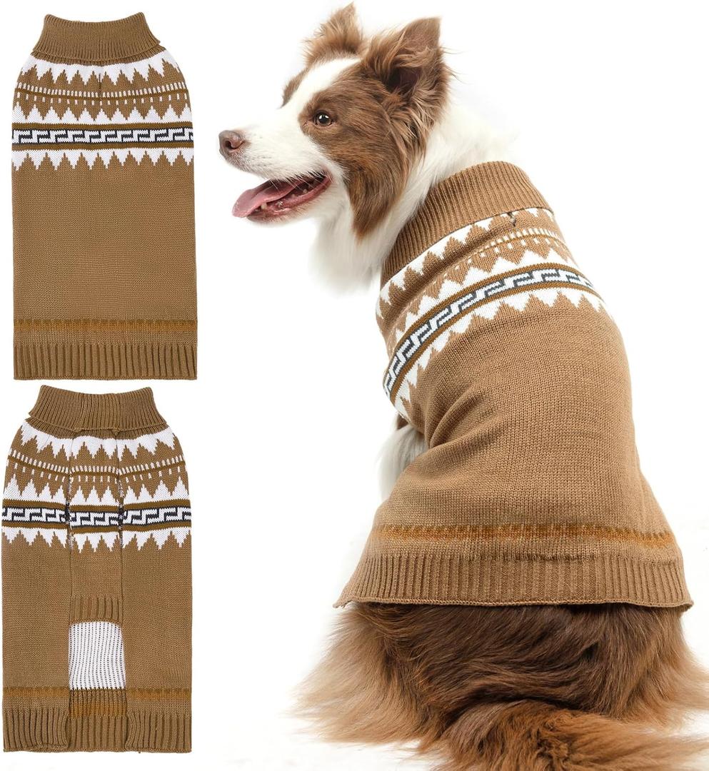 BINGPET Dog Sweater, Turtleneck Classic Knit Dog Sweaters for Small Medium Large Dogs with Leash Hole, Pet Winter Clothes Warm Sweatshirts Outfits for Doggie and Cats Grey(X-Large) (Khaki)