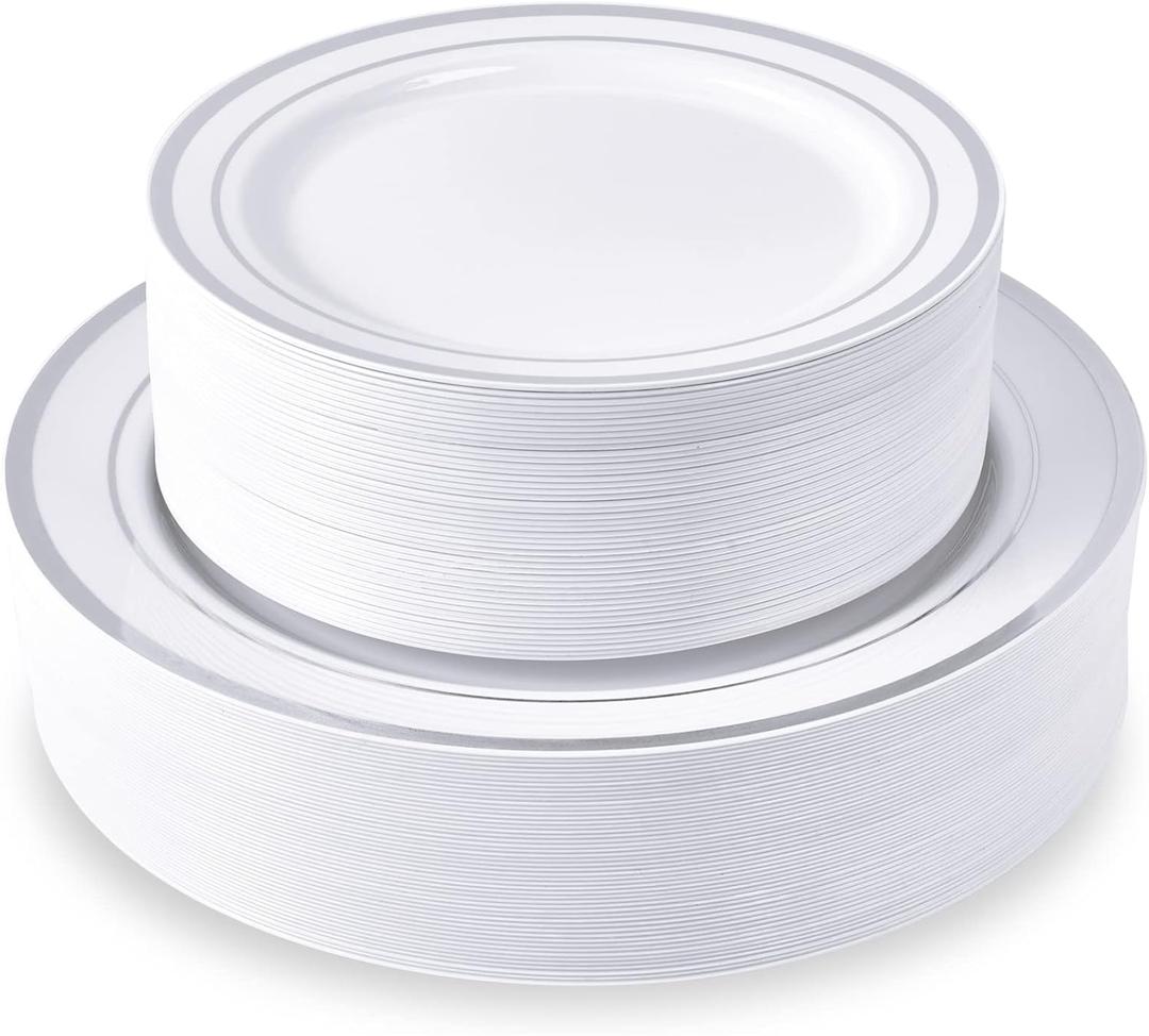 JollyPack 100 Piece Disposable Silver Plastic Party Plates, Including 50 10 Inch Dinner Plates and 50 7 Inch for Dessert, Great for Parties, Weddings, Home Use, and Christmas