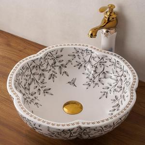 Vessel Bathroom Sink Flower Shape Design Porcelain Above Counter Sink for Bar and Cloakroom Chinese Vanity Bowl (white-black)
