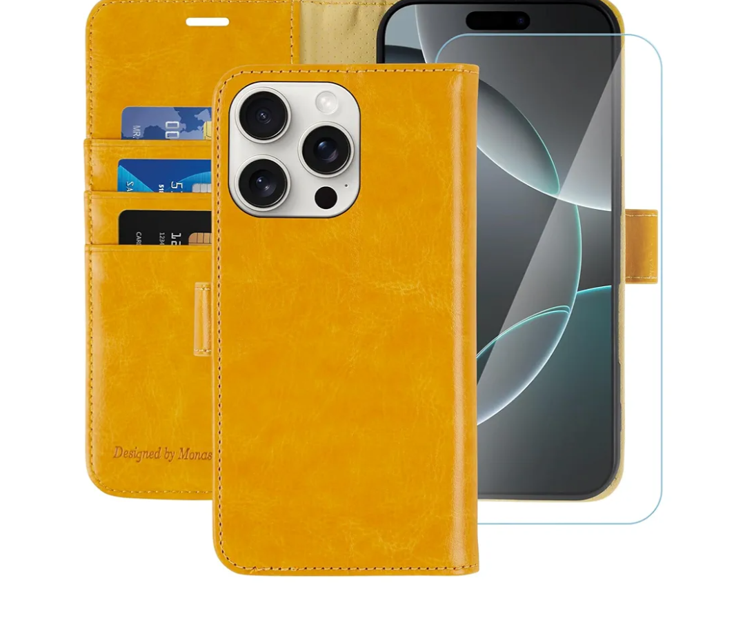 MONASAY Wallet Case Compatible for iPhone 16 Pro 5G,[Glass Screen Protector Included] [RFID Blocking] Flip Folio Leather Cell Phone Cover with Credit Card Holder, 6.3-inch, Yellow