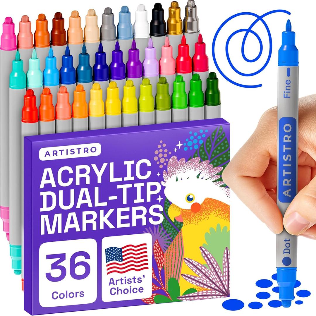 ARTISTRO 36 Dual Tip Acrylic Paint Markers, Acrylic Paint Pens, Fabric Markers for Textile, Rock, Glass, Wood, Paper, Ceramic, Canvas DIY Art Supplies Kit for Kids and Adults (Dual Tip Dot + Fine, 36)