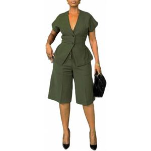 Tbahhir Women 2 Piece Pants Suit Dressy Button Down Short Sleeve Blazer Wide Leg Capri Shorts Sets Business Casual 2026, Large 