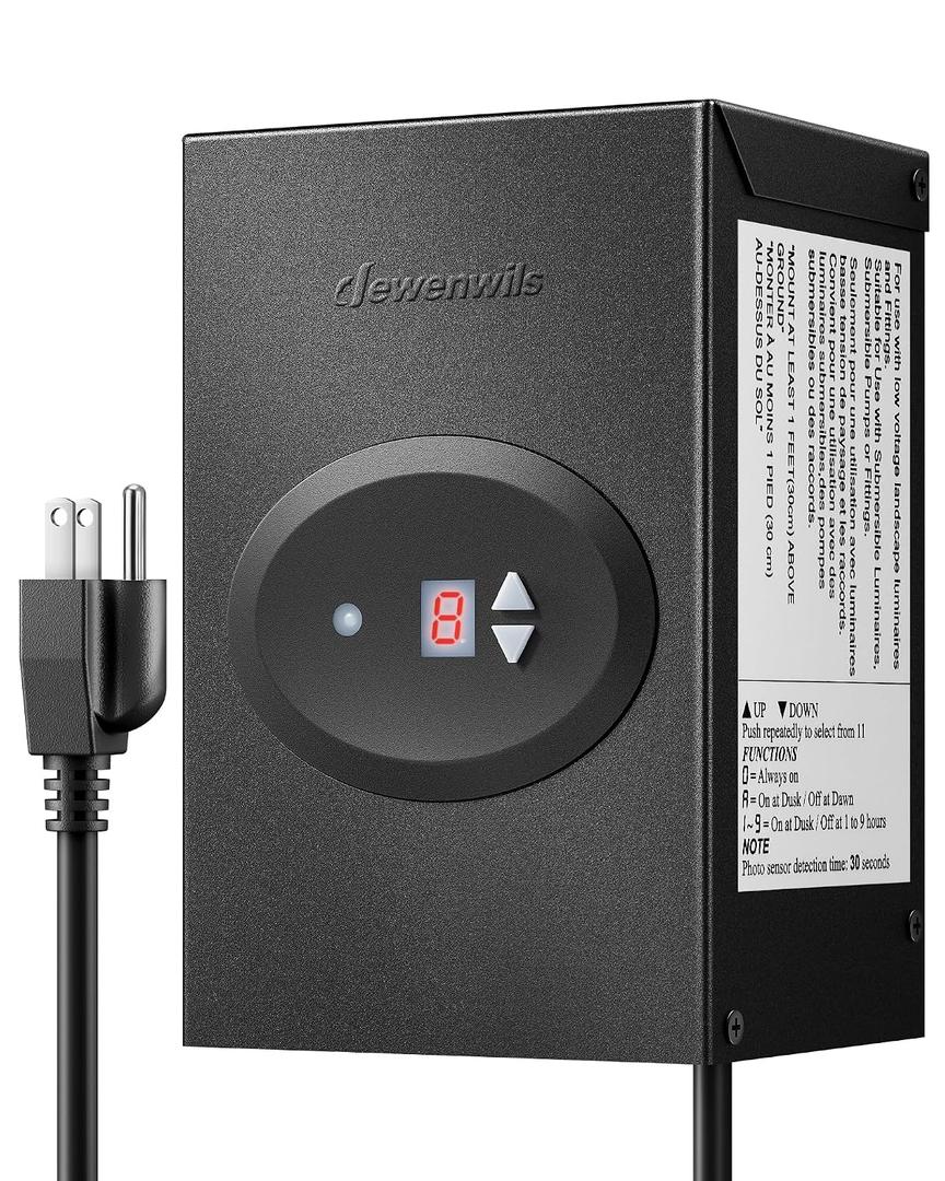 DEWENWILS 120W Low Voltage Landscape Transformer, Outdoor Transformer with Timer and Photocell Sensor, 120V AC to 12V AC, Weatherproof, for LED Lighting, Spotlight, Pathway Light, ETL Listed