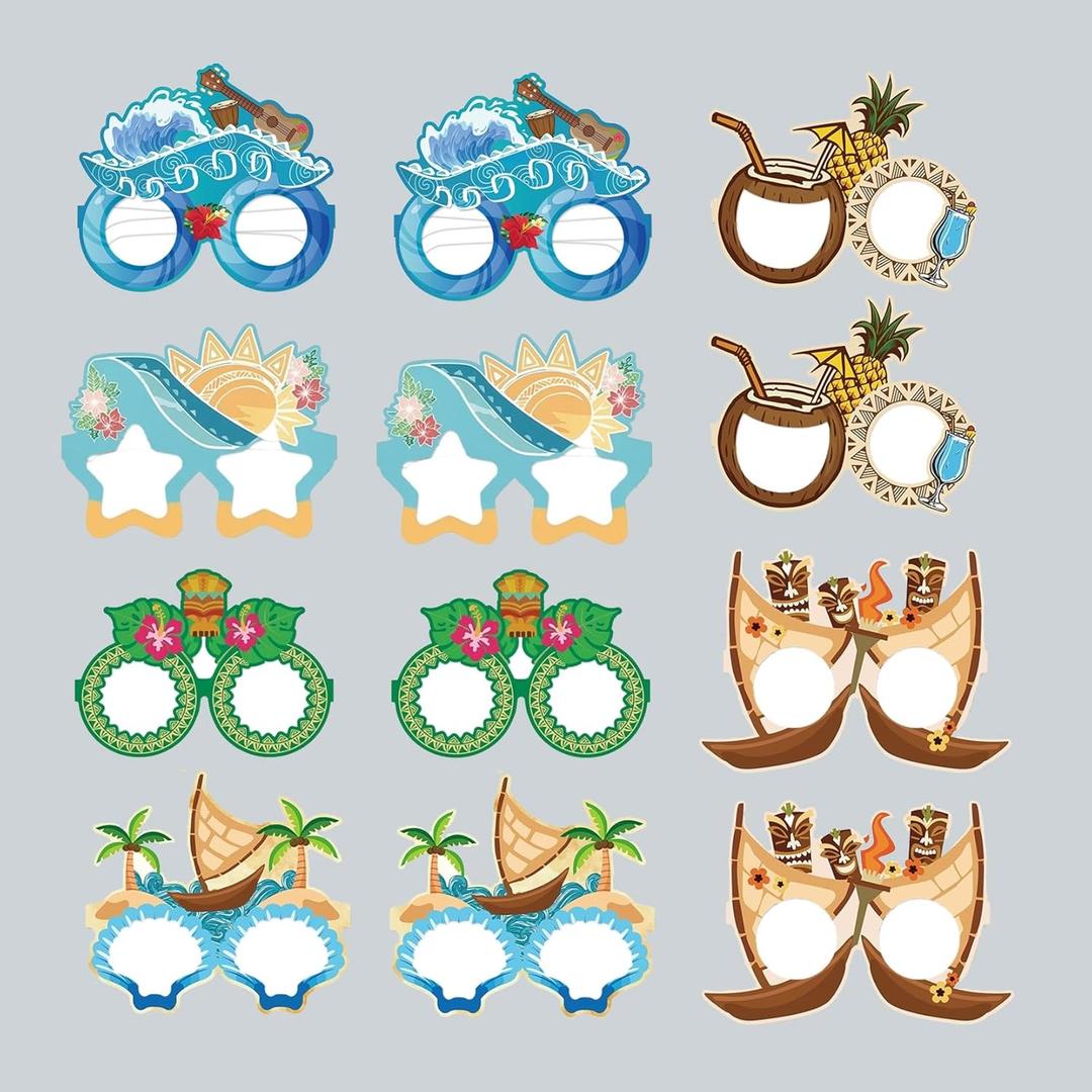 UUT Polynesian Style Party Photo Props, 12-Pack Tropical Ocean Hawaiian Theme Paper Glasses, Funny Birthday Party Decorations, for Costume Gift, Luau Birthday, Theater; 12MN