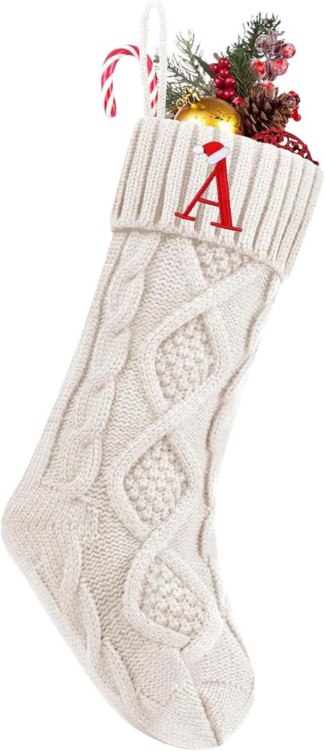 Personalized Christmas Stockings with Initials, 18 Inches Large Embroidered Monogrammed Cable Knit Christmas Stocking for Family, Xmas Holiday Party Gifts & Decoration for Fireplace(White,Letter A)
