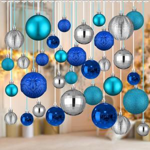36 Pcs Christmas Balls Ornaments for Ceiling, 1.6'' 2.4'' 3.2'' Large Big Shatterproof Christmas Hanging Decorations Balls for Tree Xmas Holiday Party Indoor(Lake Blue, Navy Blue, Silver)