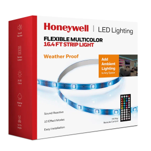 HONEYWELL 16.4ft Weatherproof 20-Color LED RGB Strip Light for Indoor and Outdoor Use, with Remote Control, Dimmable Lights, 4 Music Sync Modes, 8 Effects Modes