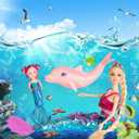 Yellow River Mermaid Princess Doll with Little Mermaid and Pink Dolphin Playset, Blonde Hair Mermaid Toys with Accessories, Gift for 3 to 7 Year Old Girls