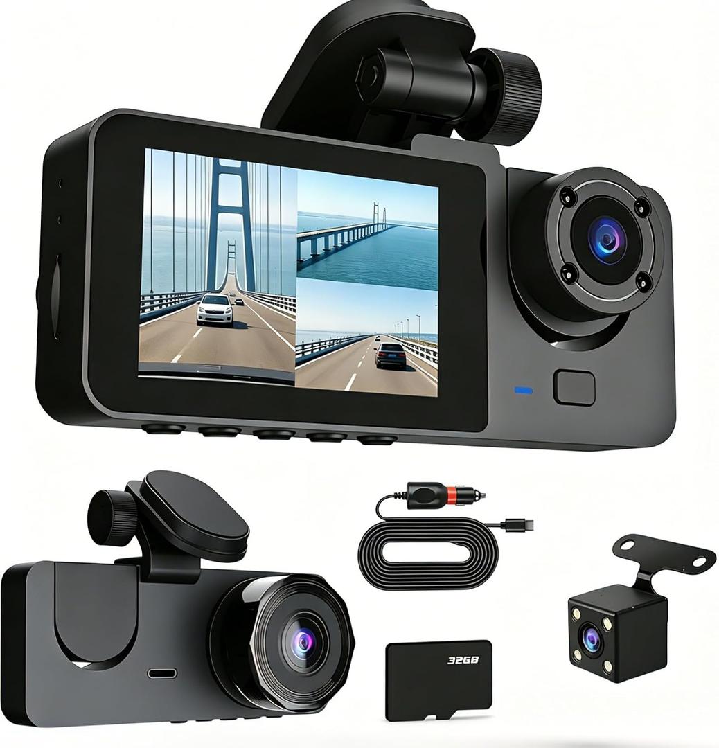 Dash Cam Front and Rear Inside,3 Channel Car Dash Camera,1080P HD Car Dashcam Video Recorder with 32GB Card,Super Night Vision,G-Sensor Motion Detection,WDR,24H Parking,Loop Recording