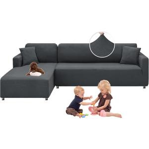 XINEAGE Sectional Couch Cover High Stretch L Shaped Sofa Cover 2 Pieces Non Slip Slipcover with Chaise Furniture Protector with 2 Pillowcases for Pets & Dogs (3 Seat Sofa + 3 Seat Chaise, Dark Gray)