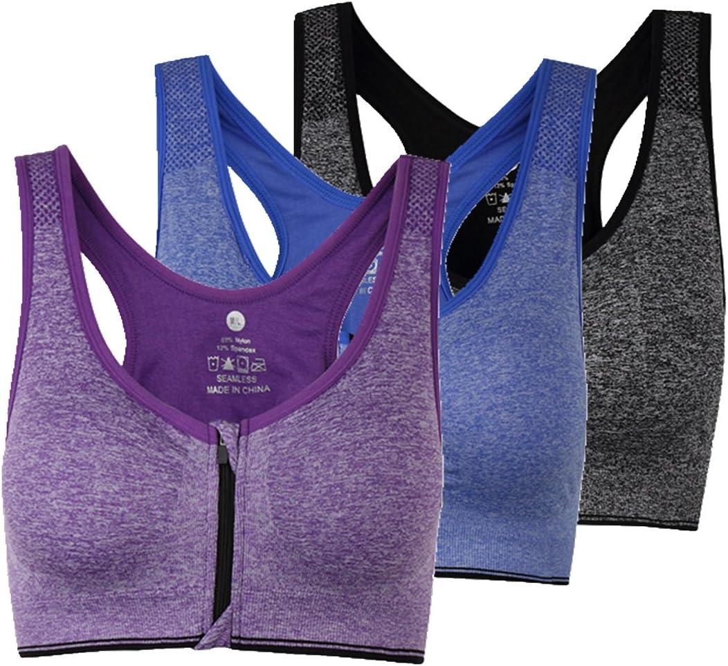 Women's Zipper Front Closure Sports Bra Racerback Yoga Bras (X-Large, 3 Pack: Purple Blue Grey)