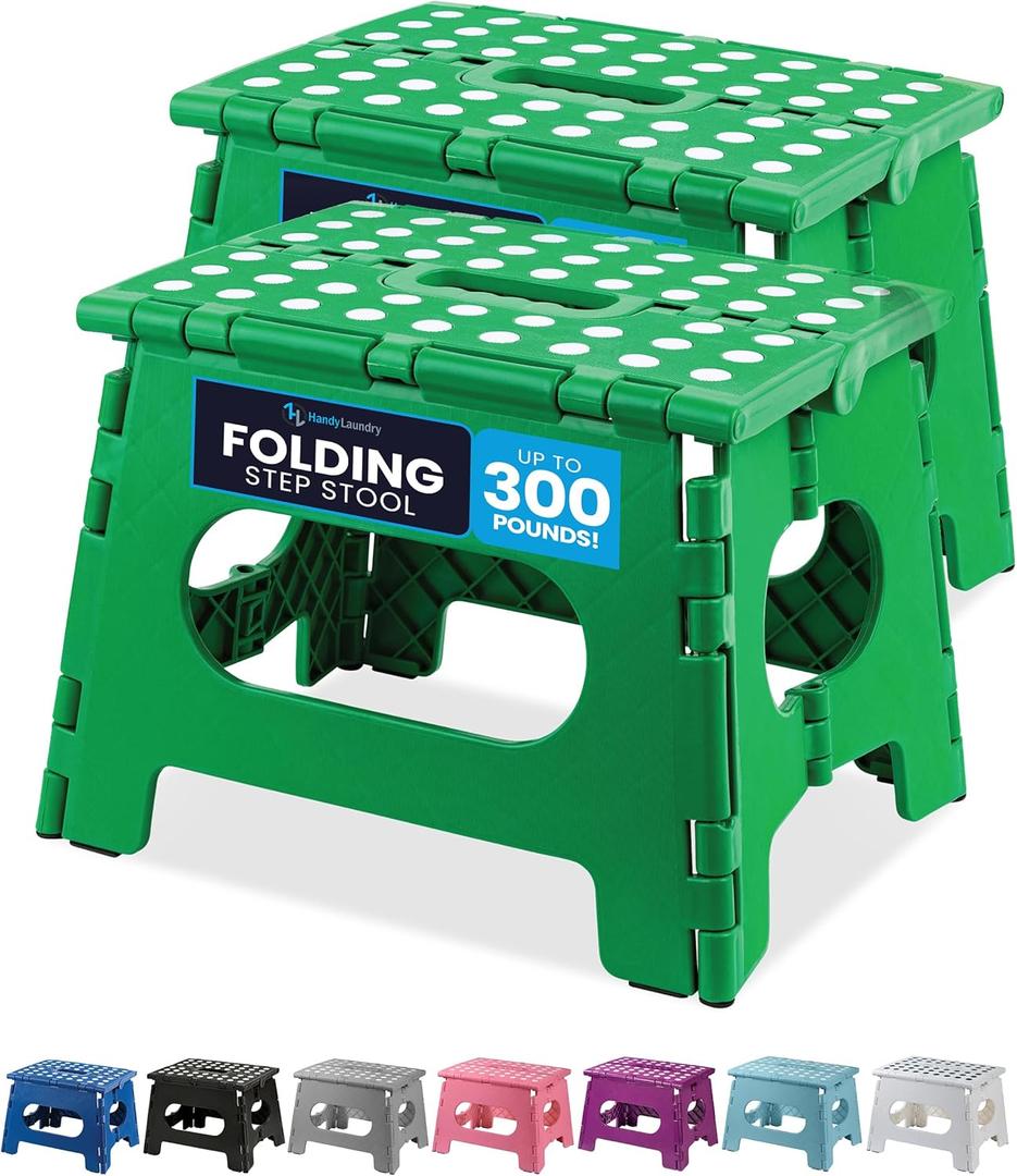 Handy Laundry Folding Lightweight Step Stool is Sturdy Enough to Support Adults and Safe Enough for Kids. Opens Easy with One Flip. Great for Kitchen, Bathroom or Bedroom. (Green | 2-Pack) (9-Inch - 2-PACK)