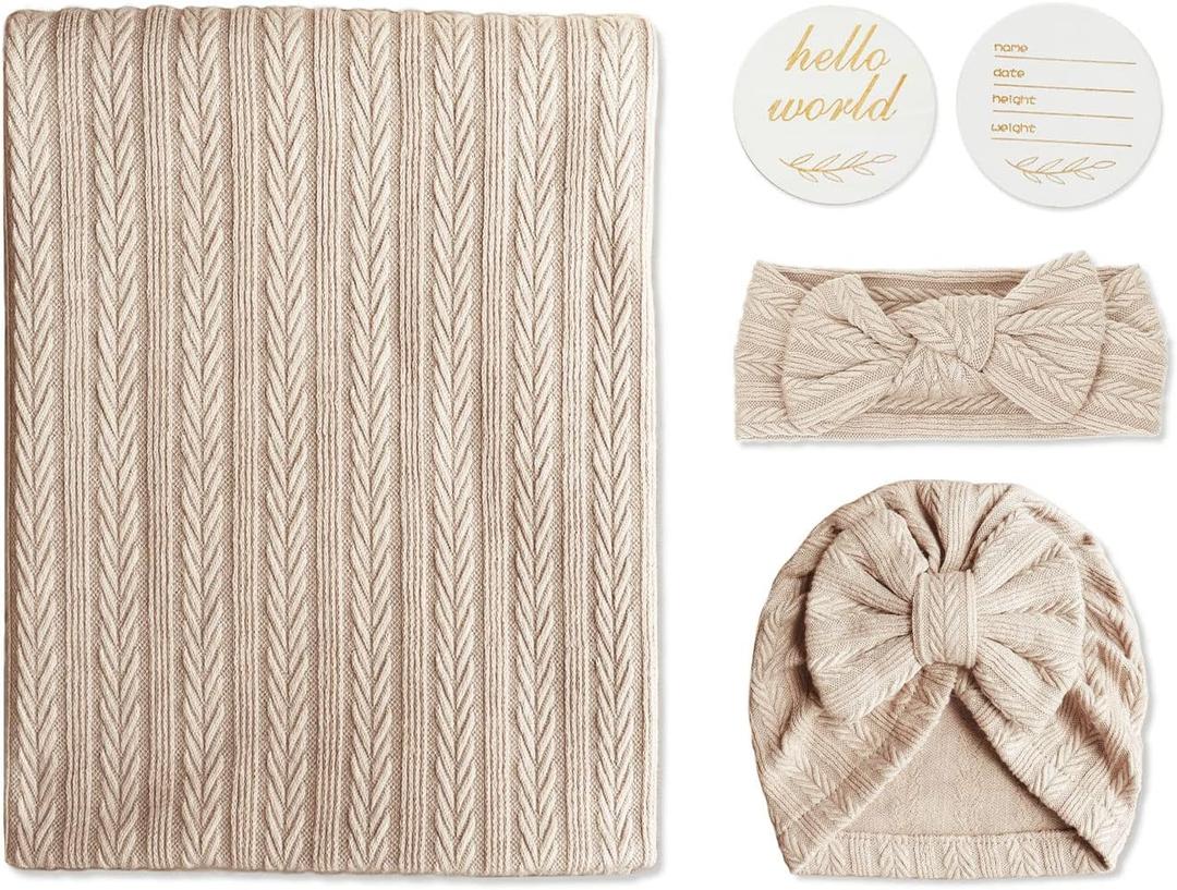 Baby Swaddle Set Newborn - Receiving Headband Blankets and Bow Hat,Newborn Essentials, Soft Nursery Swaddling BlanketsStretchy Baby Blankets for Girls and Boys Unisex (Light Brown)