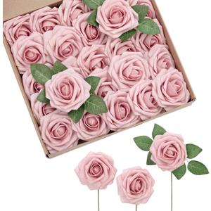 Ling's moment Artificial Flowers 25Pcs Shabby Blush Roses Decor w/Stems,3" Real Touch DIY Foam Floral for Wedding Bouquet/Centerpieces, Outdoors Party Backdrop, Room/Table, and Garden/Pot Decorations