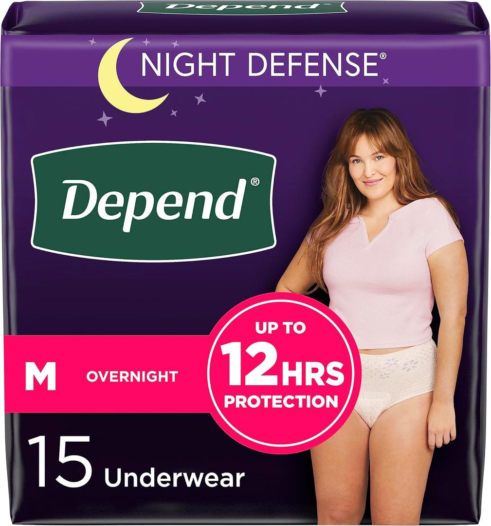 Depend Night Defense Adult Diapers, Incontinence & Postpartum Bladder Leak Underwear for Women, Disposable, Overnight, Medium, Blush, 15 Count