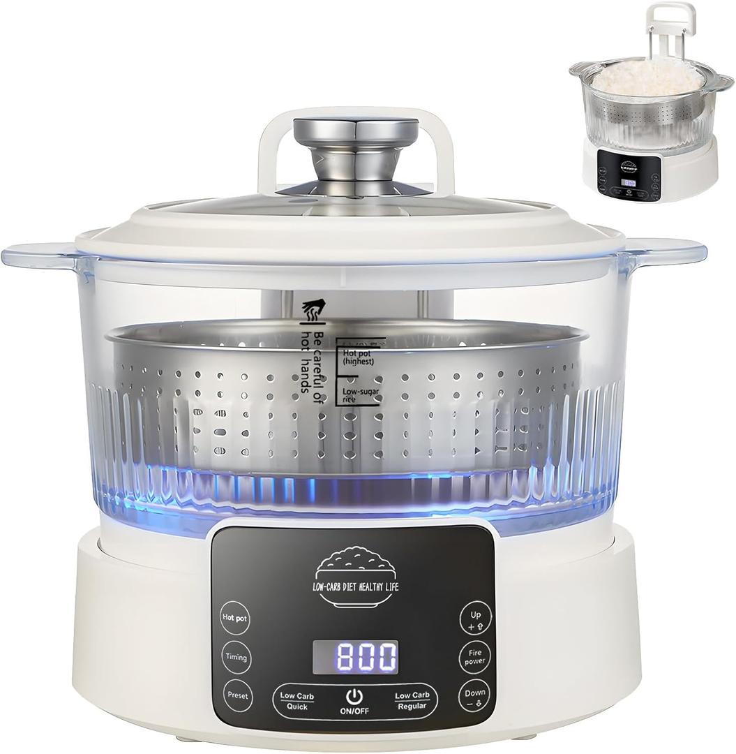 Glass Low Carb Rice Cooker - 3L for Regular Rice,2 Cups for Low Sugar Rice Cooker,Lifting Stainless Steel Steamer,110V & 800W Reservable & Timable Steam,Cook,Stew Multi Function Cooker(White)