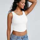 ZeroBound Built in Shelf Bra Crop Tank Tops for Women Scoop Neck Henley Button Sleeveless Shirts Casual Basic Tee Shirt Outfits Going Out (White, XL)