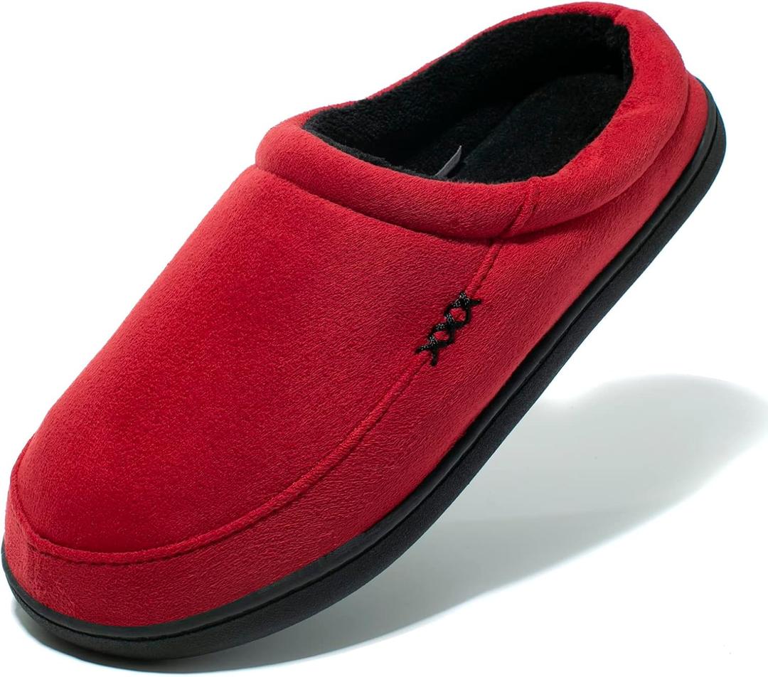 NewDenBer Men's Warm Memory Foam Suede Plush Fleece Lined Slip on Indoor Outdoor Clog House Slippers (9-10, 3. Red/Black)