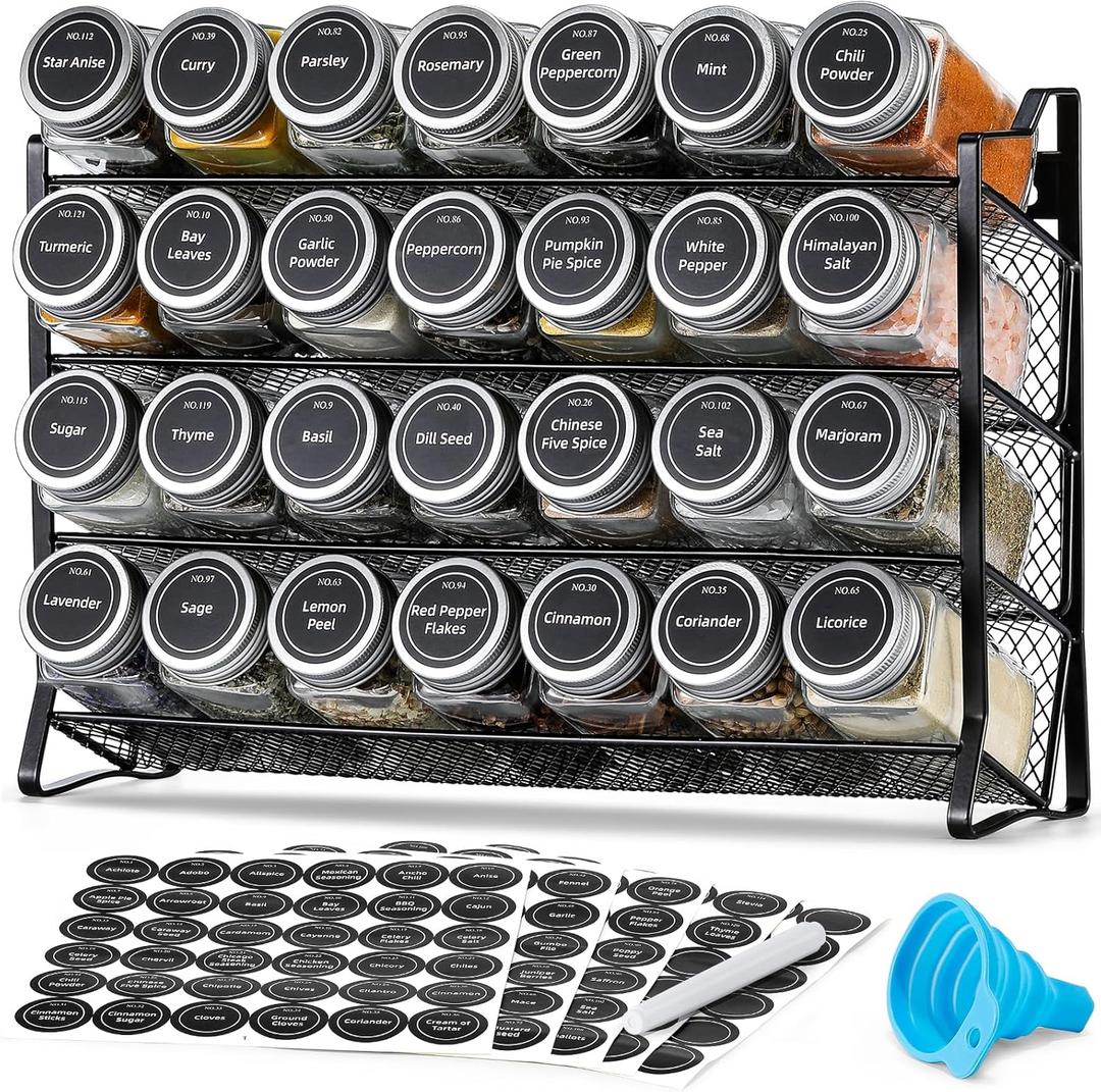 AOZITA Spice Rack Organizer with 28 Empty Spice Jars with Silver Lids, Funnel, Labels - Seasoning Organizer for Countertop, Cabinet, Kitchen, Pantry