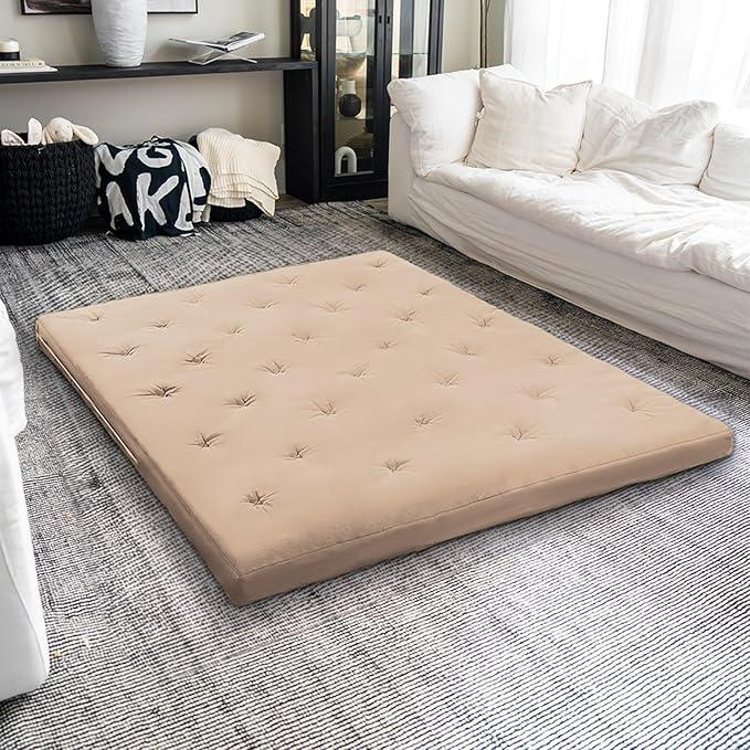 ZonLi Japanese Floor Futon Mattress Full Size 54"x 80",100% Cotton Cover 4'' Thicken Tatami Mattress,Foldable Sleeping Pad,Portable Dormitory Tatami Mat,Roll Up Floor Lounger Bed for Adult (Khaki)