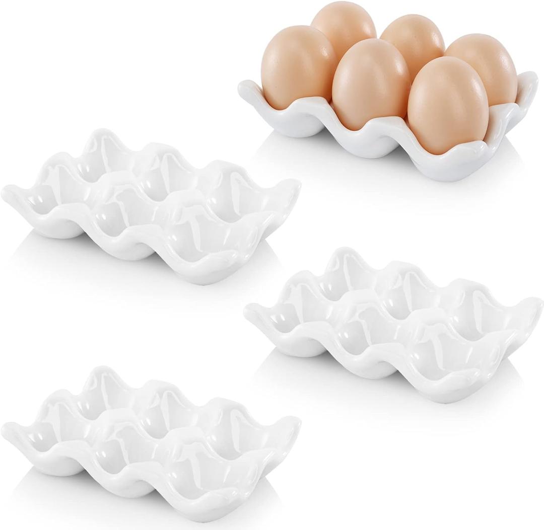 DEAYOU 4 Pack 24 Cups Egg Tray Holders, Porcelain Egg Container for Countertop Fridge, Ceramic Eggs Keeper Storage Organizer, Tiny Egg Dispenser Serving Dish Serveware for Display, Kitchen, White