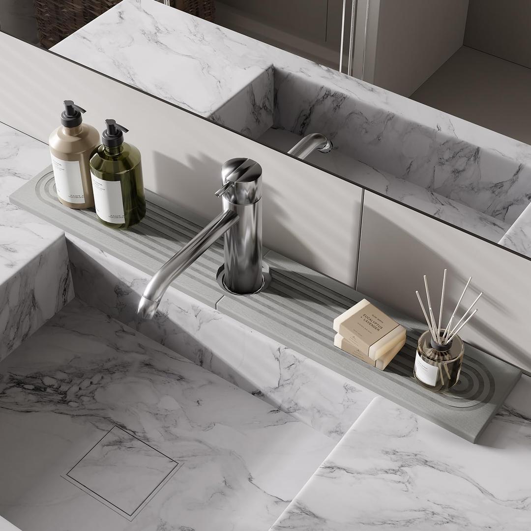 Faucet Mat for Kitchen Sink, 23.6" Diatomite Stone Drying Mat For Kitchen Counter, Prevents Moisture, Super Absorbent, Quick Drying Sink Splash Guard for Bathroom (Light Gray)