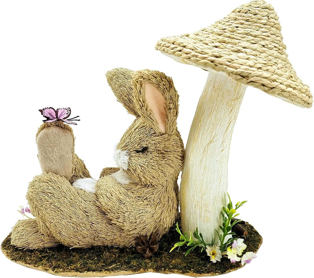 naturevibe 8.9 Inches Sisal Bunny Easter Decor,Natural Easter Bunny Resting Under Mushroom for Centerpieces for Tables,Decorative Farm Animals Bunny Figurine as Spring Decorations for Home