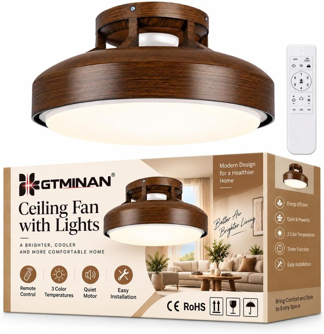 20" Bladeless Ceiling Fan with Light and Remote, LED Low Profile Flush Mount Ceiling Fan with 6 Speed Dimmable, 3000-6000K, Enclosed Modern Ceiling Fans for Bedroom Living Room, Large